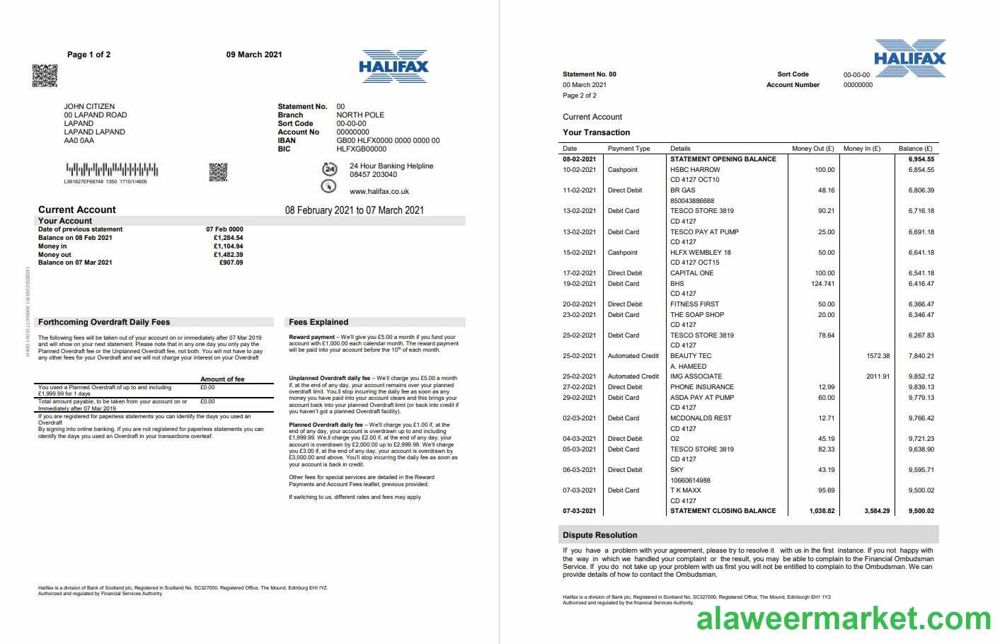 United Kingdom Halifax bank proof of address statement template in Word and PDF format (2 pages)